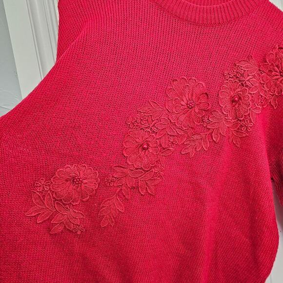Vintage 80s Sweater Womens Medium Red Floral Lace Beaded Glam Knit Embellished - Picture 3 of 9